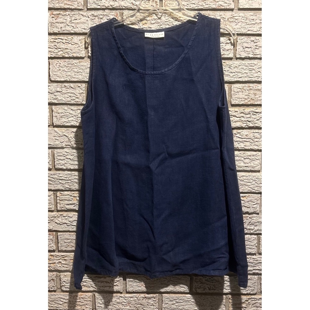 Bryn Walker Navy Blue 100% Linen Sleeveless Scoop Neck Tunic Top Made in USA